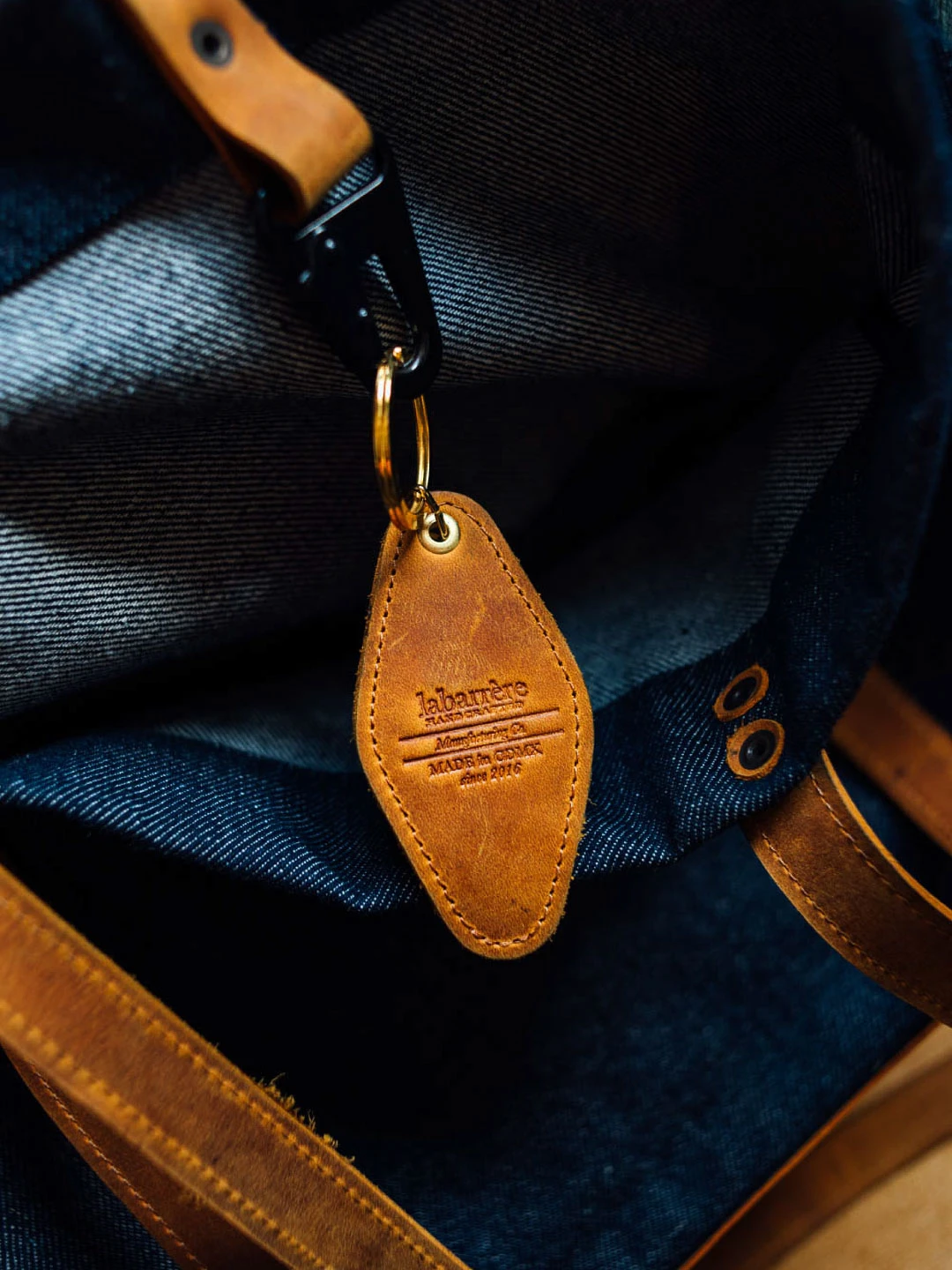 Leather key tag on denim