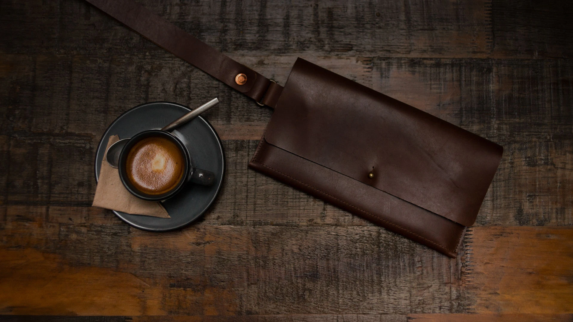 Coffee and leather clutch